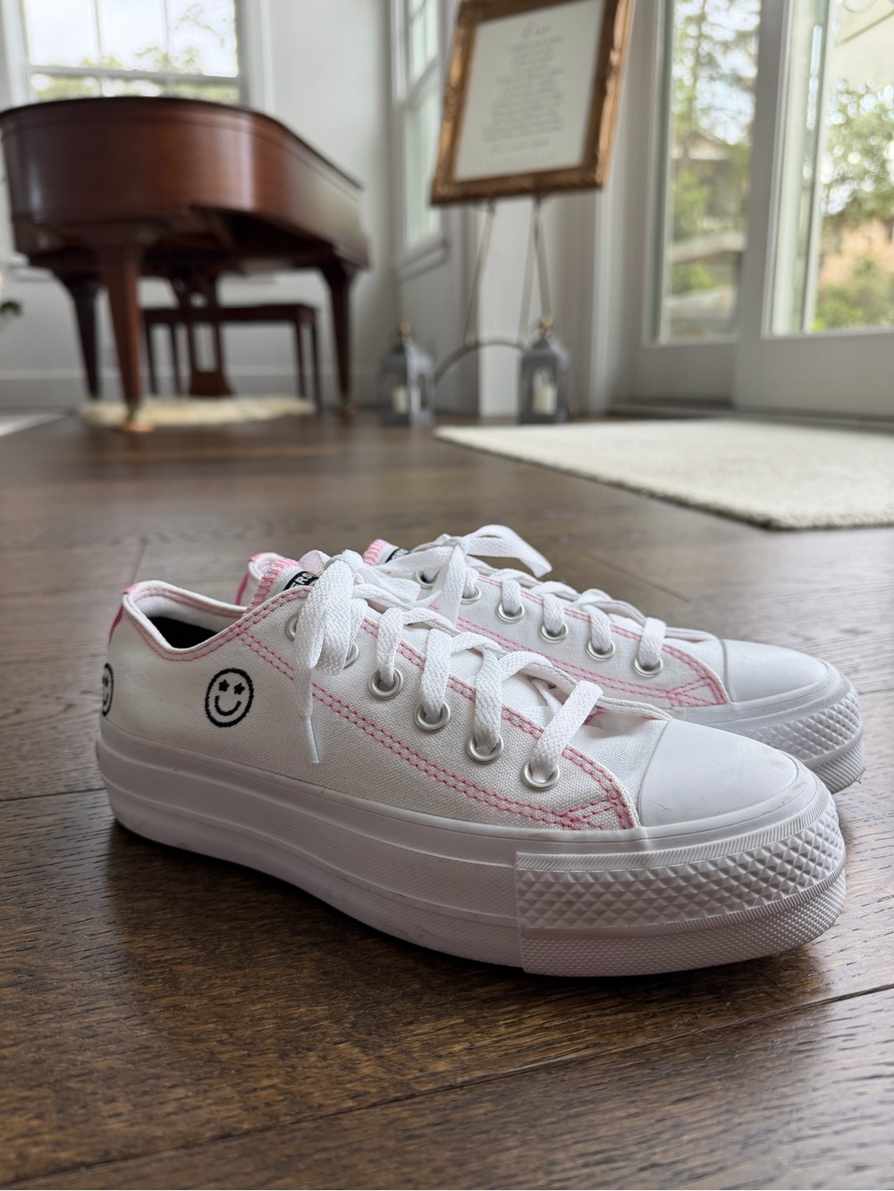 Converse Custom White Canvas Platform Sneakers with Pink Stitching and Smiley